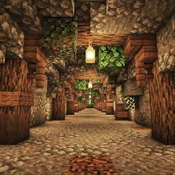 an image of a very nice looking room in minecraft with lots of wood and stone