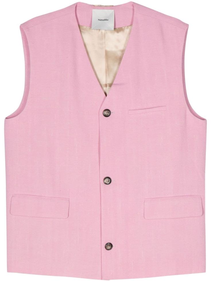 light pink tweed V-neck sleeveless chest welt pocket two front flap pockets straight hem multiple internal slip pockets full lining front button fastening Tweed Vest, Pink Vest, Pink Tweed, Planet People, Vests Mens, Five Points, Outerwear Vest, Down Vest, Faux Fur Collar