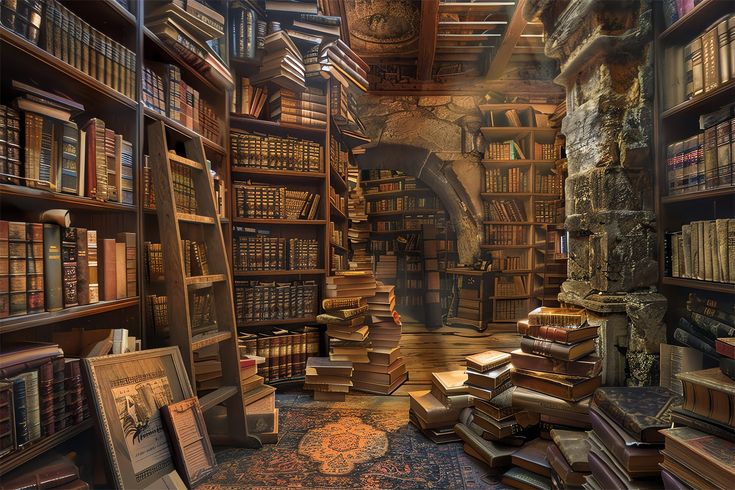 a room filled with lots of books on top of a wooden floor next to a stone pillar