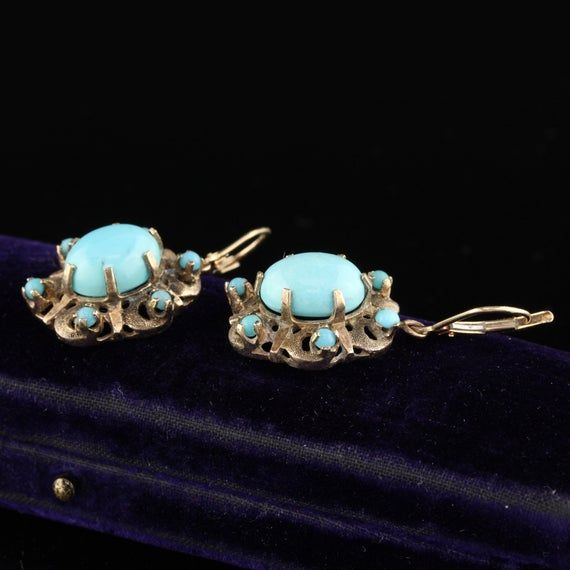 Antique Estate 14K Yellow Gold Turquoise Drop Earrings Formal Turquoise Oval Earrings, Formal Turquoise Jewelry With Matching Earrings, Fine Jewelry Oval Turquoise Earrings, Fine Jewelry Turquoise Oval Earrings, Turquoise Oval Fine Jewelry Earrings, Turquoise Pierced Earrings In Fine Jewelry Style, Turquoise Oval Earrings Fine Jewelry, Turquoise Pierced Earrings Fine Jewelry, Turquoise Fine Jewelry Earrings