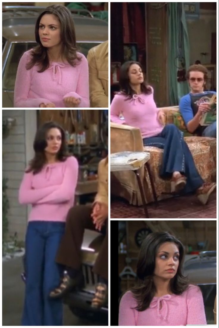 the young woman is wearing pink sweaters and blue pants