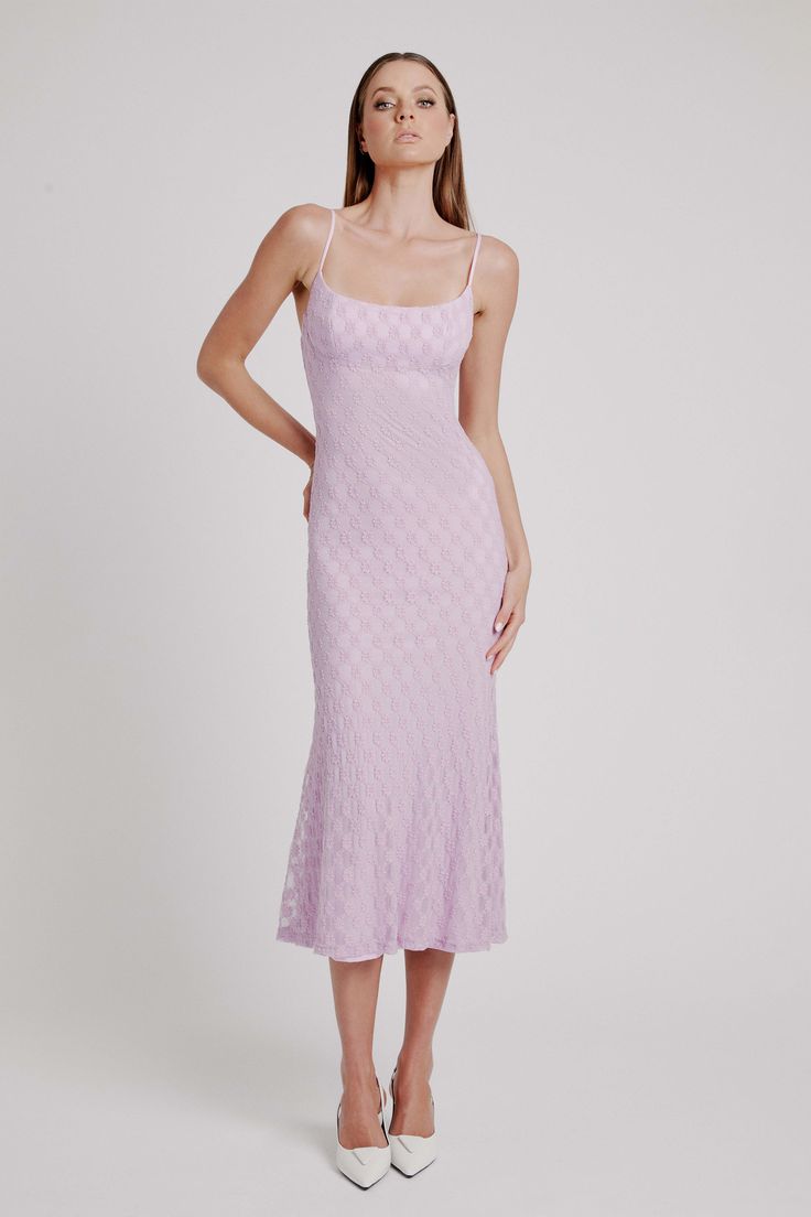 Sheer style. The Adoni Mesh Midi Dress is a retro style crafted with a sensual slip dress silhouette and a textural mesh overlay that features flower motifs. This design has a feminine lilac colourway that can take you from sunrise to sunset.

SIZING: True to size. AU: Model wears a size 8 / US: Model wears a size 4.

FABRICATION: Main: 45% Polyamide, 40% Cotton, 15% Elastane. Lining: 100% Polyester.

- Adjustable rouleau straps.
- Fully lined
- Invisible zipper Corsets Fashion, Mum Jeans, Dress Lilac, Mesh Midi Dress, Day To Night Dresses, Flower Motifs, White Cocktail Dress, Essential Dress, Bodysuit Fashion