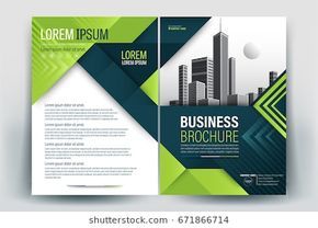 a green brochure with geometric shapes on the front and back cover is shown