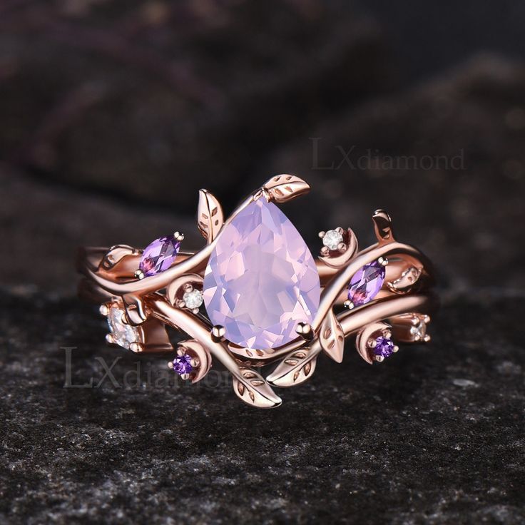 Item description ✦ Handmade, high-quality item! ✦ Material: 925 sterling silver, Solid 10k/14K/18K GOLD (can be made in white/rose/yellow gold) Engagement ring ✦ Center stone: Natural Lavender Amethyst. ✦ Size/Weight: 6x8mm Pear Cut ✦ Side stones: Marquise Cut Natural Amethyst and Round Cut Moissanites. Wedding band ✦ Gemstones: Round Cut Natural Amethyst and Marquise Cut/Round Cut Moissanites. Any ring size can be made,if the ring size is not in the option list ,contact me. As it is handmade,it