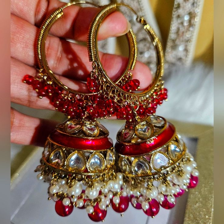 Beautiful Big Indian Jhumkas (Earrings) Not As Heavy As They Look But They Are Definitely A Bit On The Bigger Size..Msg Me For More Info/Details...Accepting Reasonable Offers. Luxury Bollywood Jhumkas With Pearl Drop, Fusion Style Hoop Earrings For Festivals And Celebrations, Fusion Style Hoop Earrings For Celebrations And Festivals, Festive Fusion Hoop Earrings For Celebration, Celebration Chandbalis, Festive Fusion Style Round Hoop Earrings, Bollywood Style Openable Jewelry For Celebration, Pink Bridal Earrings For Festive Occasion, Pink Round Danglers For Wedding