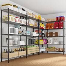 a room with shelves filled with food and containers on the wall, along with wooden flooring