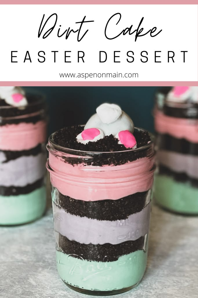 dessert in a jar with marshmallows on top and the words dirt cake easter dessert