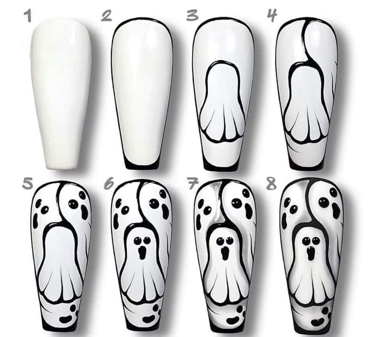 Ghost Nail Art Step By Step, Nail Drawing Designs, Ongles Halloween, Halloween Nail Art Tutorial, Horror Nails, Detailed Portrait, Halloween Nails Diy, Halloween Nails Easy, Nail Art Halloween