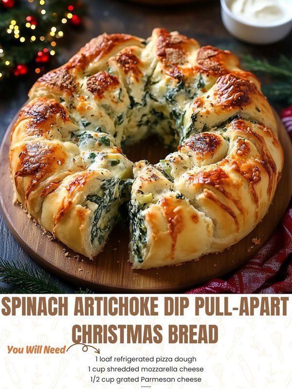 spinach artichoke dip pull - apart christmas bread on a wooden platter