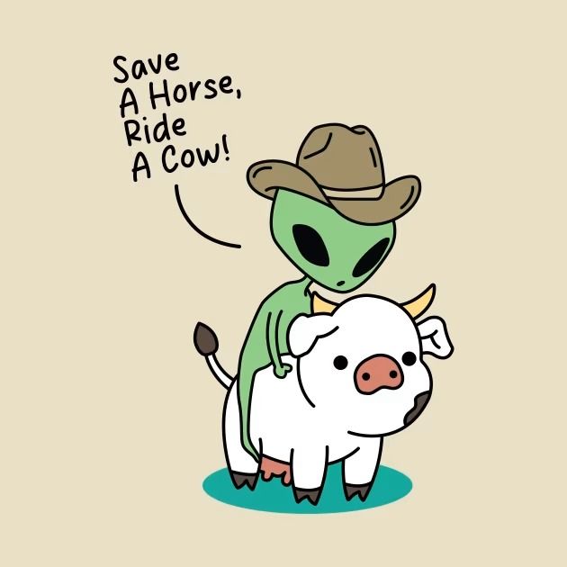 an alien riding on the back of a cow wearing a cowboy hat and green shirt