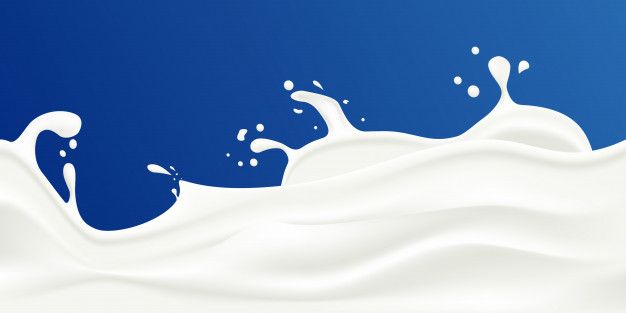 a blue and white background with milk splashing on the side, in front of a bright blue sky