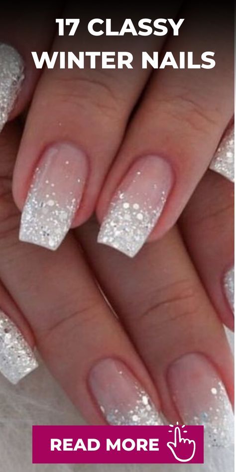 Glitter Tip Manicure, Winter French Tip Acrylic Nails, December Wedding Nails For Bride, Winter Acrylic Nail Designs With Glitter, White Glitter Ombré Nails, Christmas Ombre Nails Winter Glitter, Nye Nails Glitter, Sparkling Nails Design, White Nails Ideas 2024