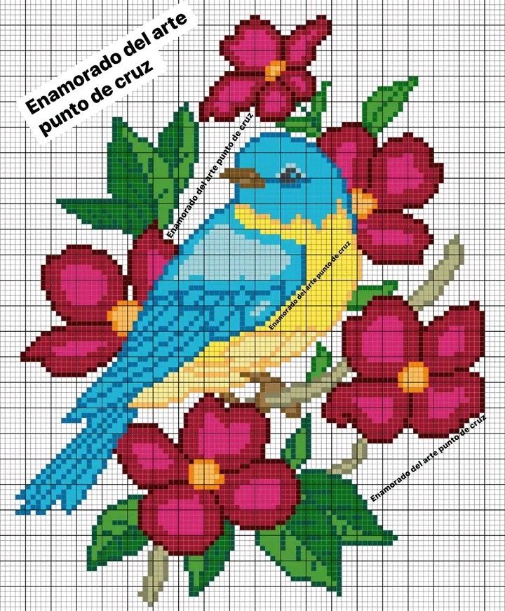 a cross stitch pattern with a blue bird and red flowers on the bottom half of it