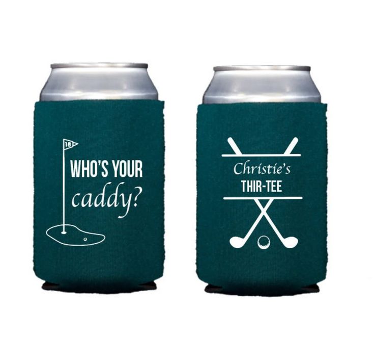 two can coolers that have golf related items on the front and back of them