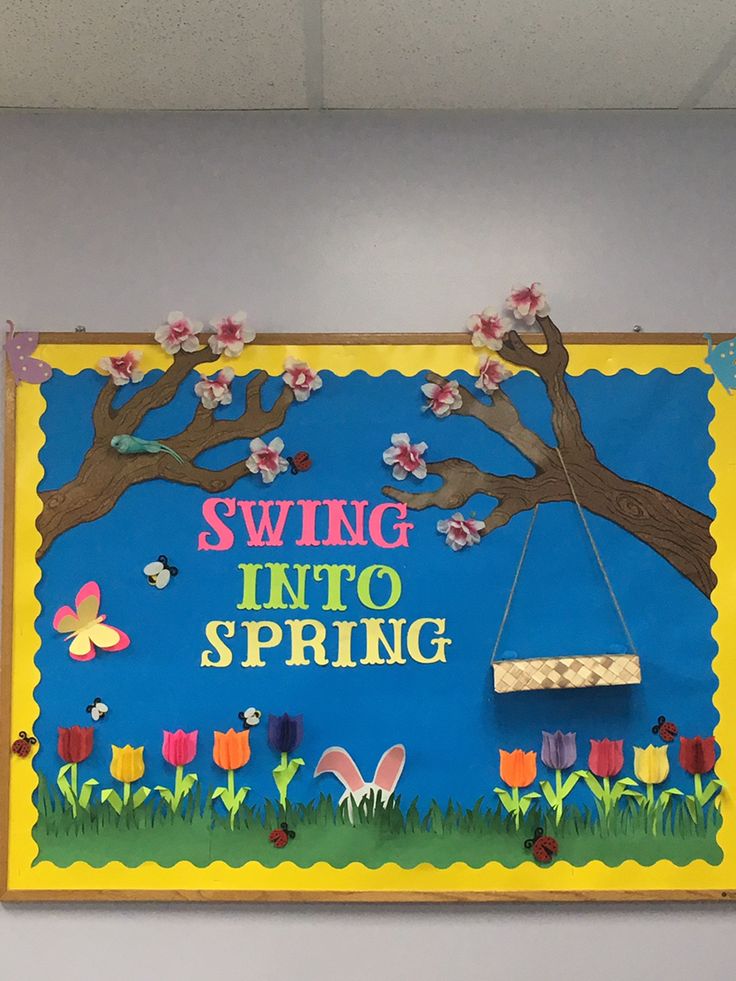 a bulletin board with flowers and trees on it that says swing into spring in front of a blue background