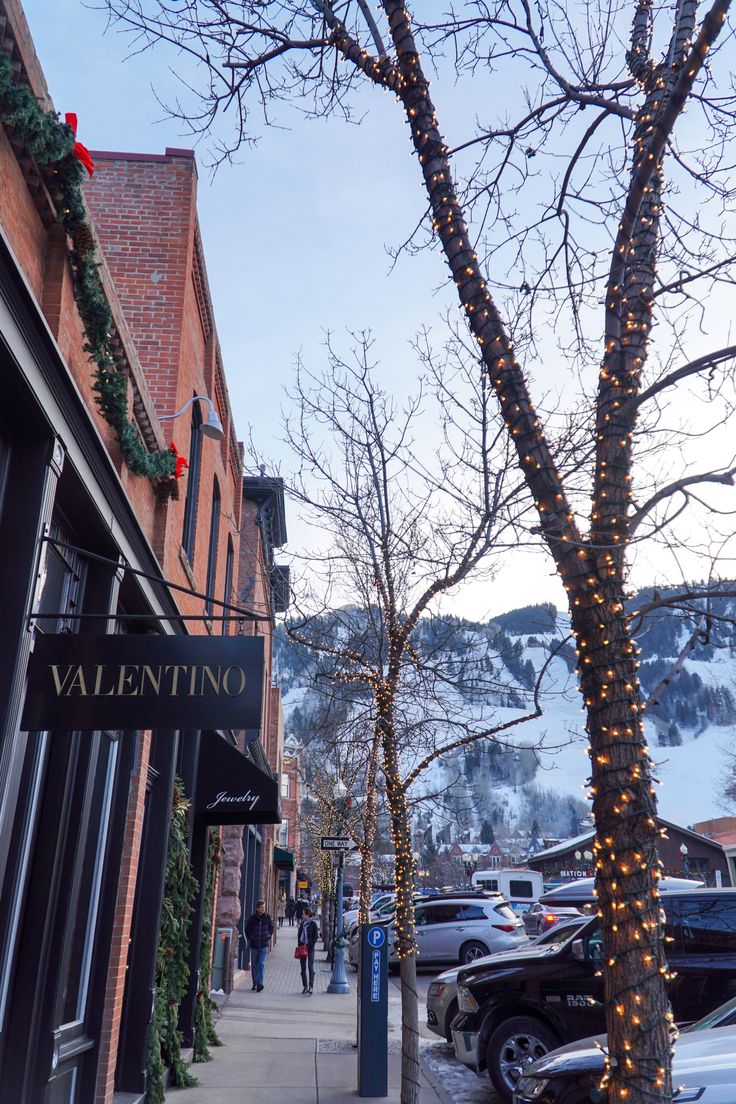 a street with cars parked on the side of it and christmas lights hanging from the trees