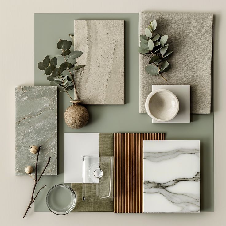 an assortment of items displayed on a table with green and white colors, including marble