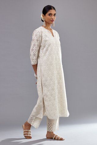 Shop for Kora Off White Sequins Embroidered Kurta Pant Set for Women Online at Aza Fashions Kurta And Dupatta, Sequin Pant, Kurta Pant Set, Embroidered Hem, White Kurta, Straight Kurta, Kurta With Pants, Pant Set, Drawstring Pants