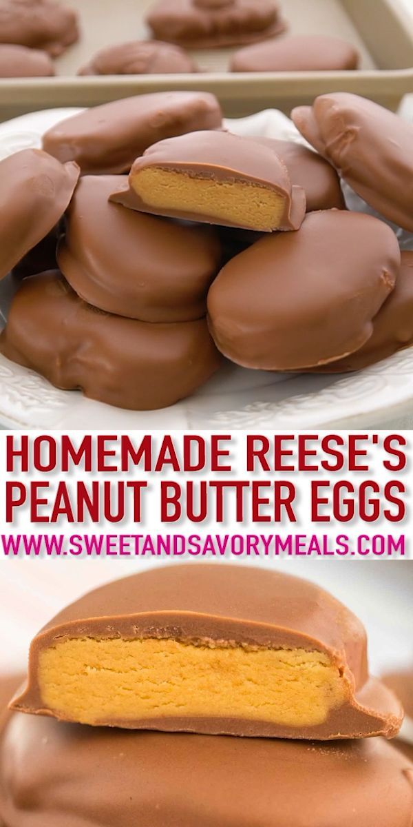 homemade reese's peanut butter eggs are stacked on top of each other and ready to be eaten