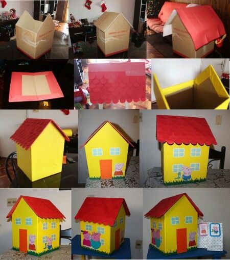 there are many pictures of different houses made out of cardboard boxes and construction paper,