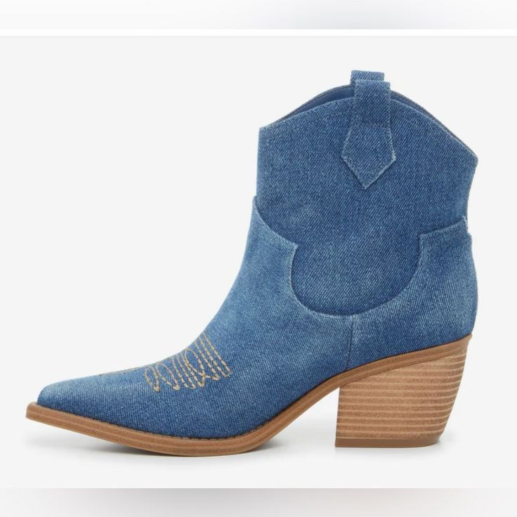 Super Cute Denim Bootie That Will Go With Anything! Perfect For Concert Or Any Country Themed Event Or Costume! Western Denim Boots With Round Toe, Western Denim Boots, Western Boots With Round Toe In Denim Blue, Denim Blue Western Boots With Round Toe, Western Style Denim Blue Boots With Round Toe, Dark Wash Denim Boots With Round Toe, Denim Blue Round Toe Boots For Summer, Denim Blue Round Toe Summer Boots, Denim Boots With Round Toe For Fall