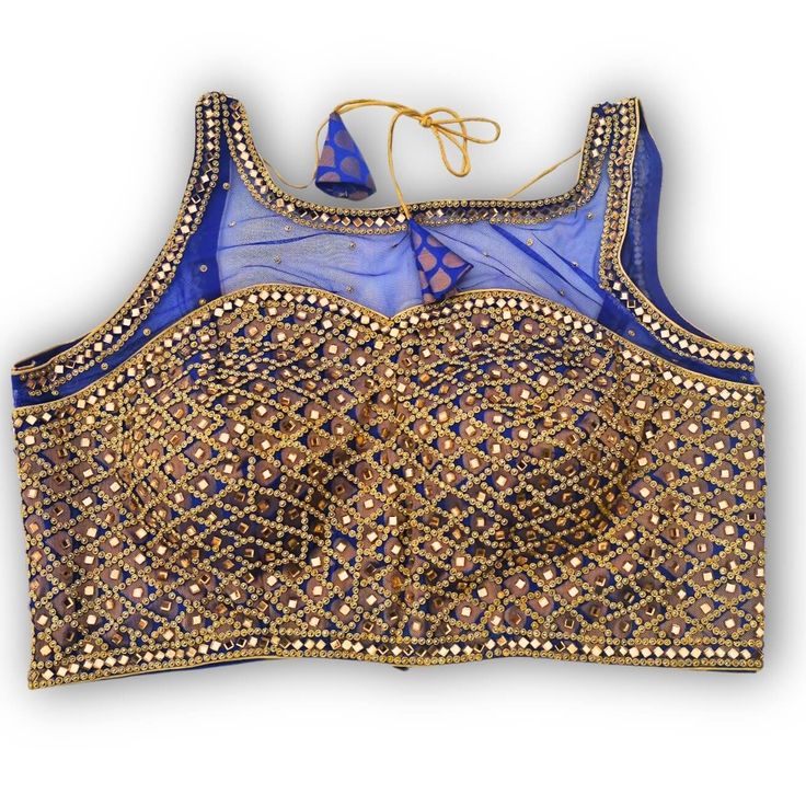 Mirror and Stonework Saree Blouse -  Blue Blue Bollywood Blouse For Formal Occasions, Blue Bollywood Formal Blouse Piece, Blue Bollywood Style Formal Blouse Piece, Traditional Embellished Blue Blouse, Festive Blue Embellished Blouse, Festive Embellished Blue Blouse, Elegant Gold Blouse Piece With Mirror Work, Blue Embellished Blouse Piece For Festivals, Designer Blue Formal Blouse