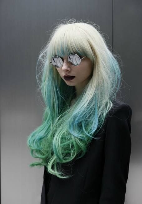 Straight cut bang with loose curls dyed fade from platinum white blonde to teal and aqua gradient "ombre" two tone. Trendy We Fryzurach, Mint Hair, Hair Chalk, Honey Lime, Amazing Hair, Pastel Hair, Hair Nails, Mermaid Hair, Hair Envy