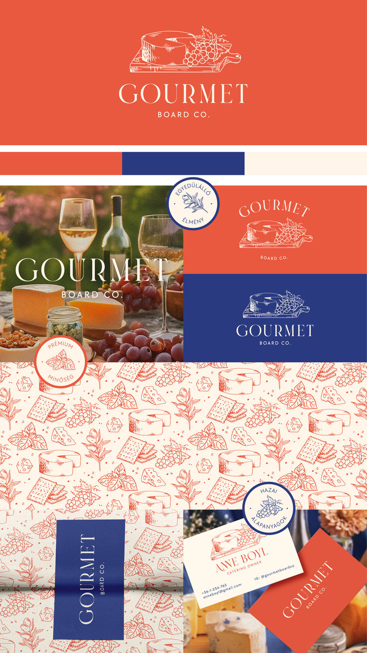 the menu for gourmet food and wine is shown in red, white and blue