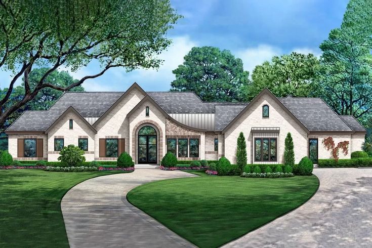 this is an artist's rendering of a house in the country style with lots of greenery