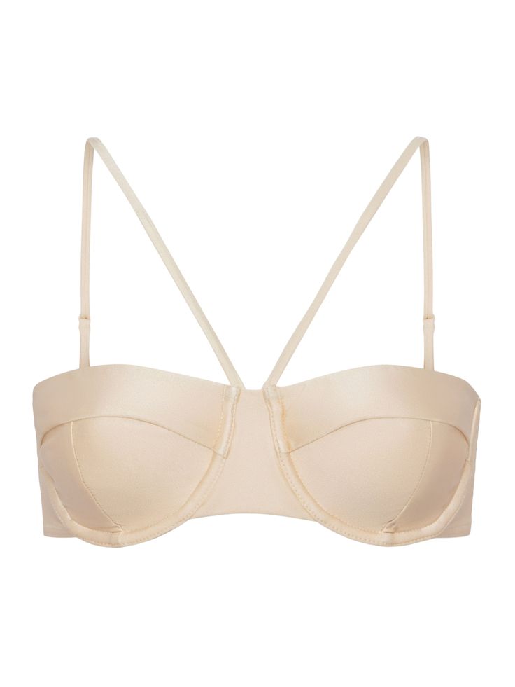 Your most versatile bikini top can be worn two ways. The Alexandria silk-infused bikini top features adjustable straps that can be attached at the shoulders for a traditional look or at the front center for a halter-like effect. Underwire cups offer a smooth, supportive fit, with grommet detail adding a cool edgy finish. Pairs with the coordinating Nicole bottom. | L'AGENCE Alexandria Bikini Top In Champagne Elegant Push-up Swimwear With Built-in Bra, Elegant Swimwear With Built-in Bra And Triangle Top, Elegant Triangle Top Swimwear With Straps, Elegant Strappy Top With Built-in Bra, Summer Push-up Bra With Padded Cups, Chic Evening Bra With Adjustable Straps, Elegant Underwire Bra-friendly Swimwear, Elegant Push-up Bra Friendly Swimwear, Elegant Underwire Swimwear