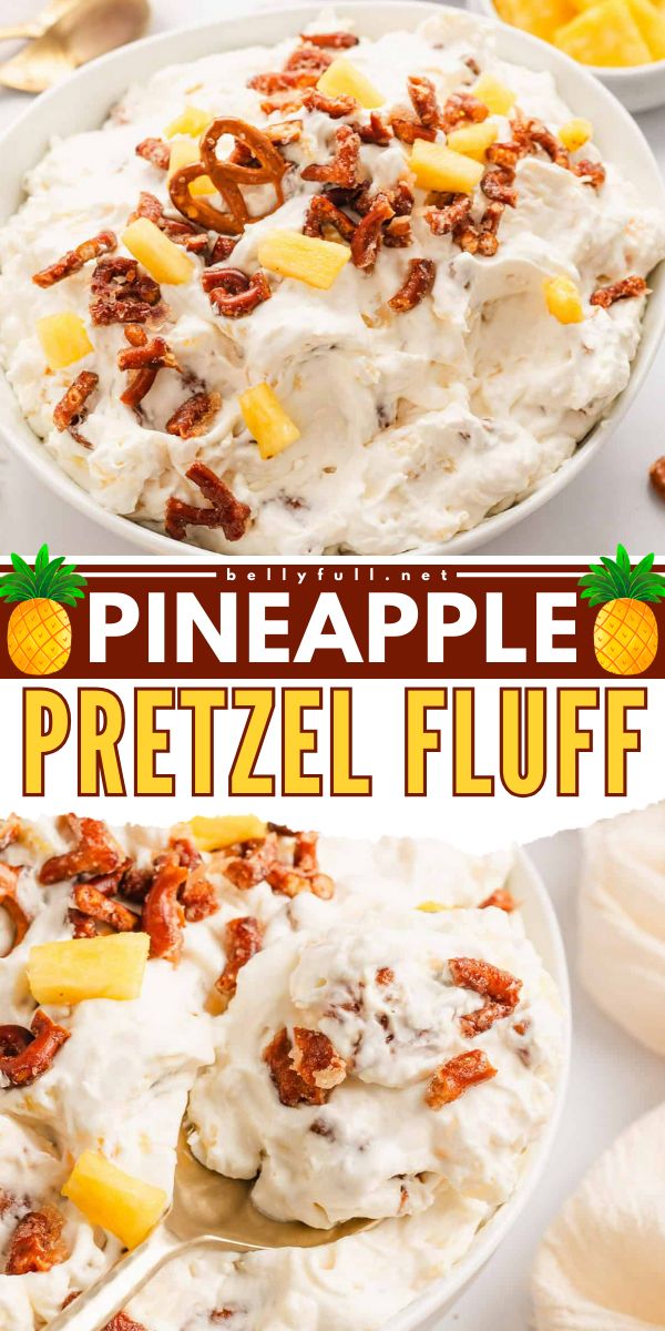 Made with buttery-sugared toasted pretzels, crushed pineapple, and a cream cheese base, this Pineapple Pretzel Fluff is sweet, salty, and amazing! With just 10 minutes of prep, it makes the perfect sweet side dish or dessert for family gatherings and potlucks. Pineapple Pretzel Fluff, Labor Day Desserts, Pretzel Fluff, Easy Labor, Healthy And Unhealthy Food, Fluff Desserts, Bread Appetizers, Summer Dessert Recipes, Low Carb Vegetarian