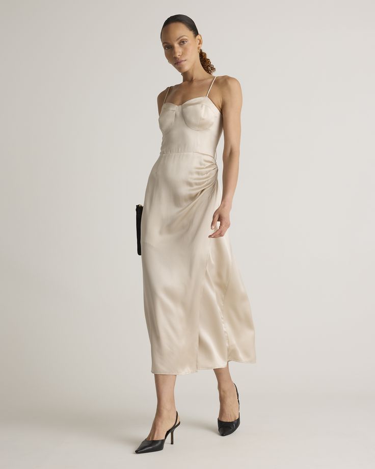 Our 100% Washable Silk Sweetheart Dress is a timeless and romantic option for your next special event. Easy to style, easy to wash for low-maintenance luxe. Plus, silk fiber contains 18 kinds of amino acids that make it amazing for skin nourishment, hypo-allergenic, and naturally thermoregulating to help maintain body temperature.  | Quince | Women's Sweetheart Dress in Champagne, Size Small, Mulberry Silk Sweetheart Dress, Quince, Dress 100, Mulberry Silk, Midi Length, Silk Dress, Smocking, Special Events, Slim Fit