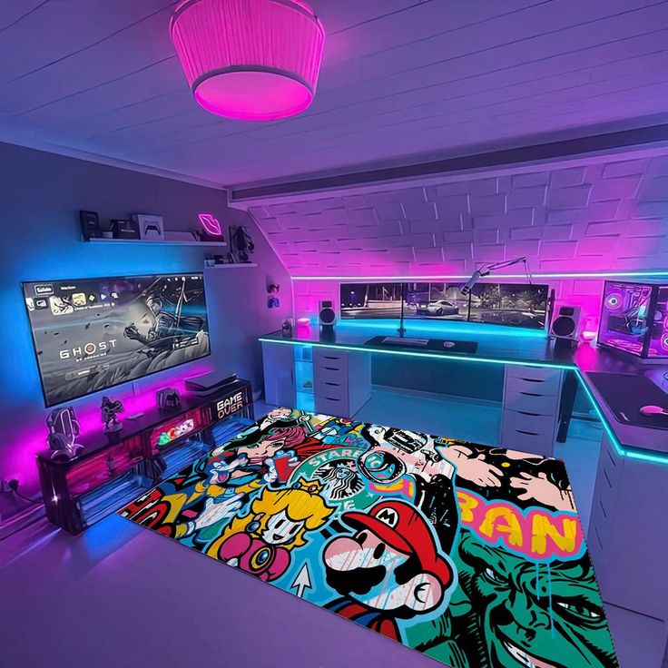 this is a bedroom with video games on the walls