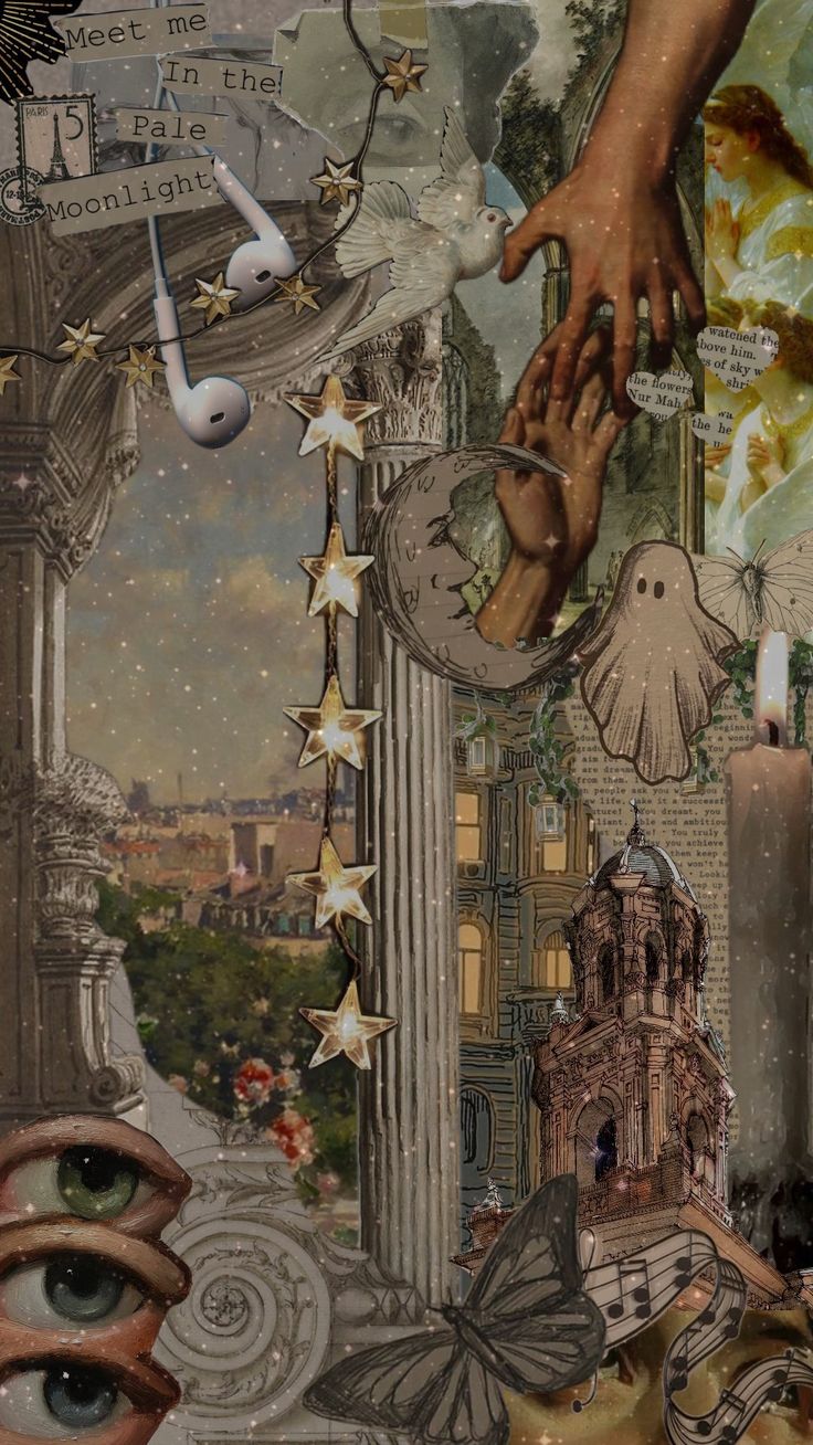 an artistic collage with hands reaching out from the top of a building and other things surrounding it