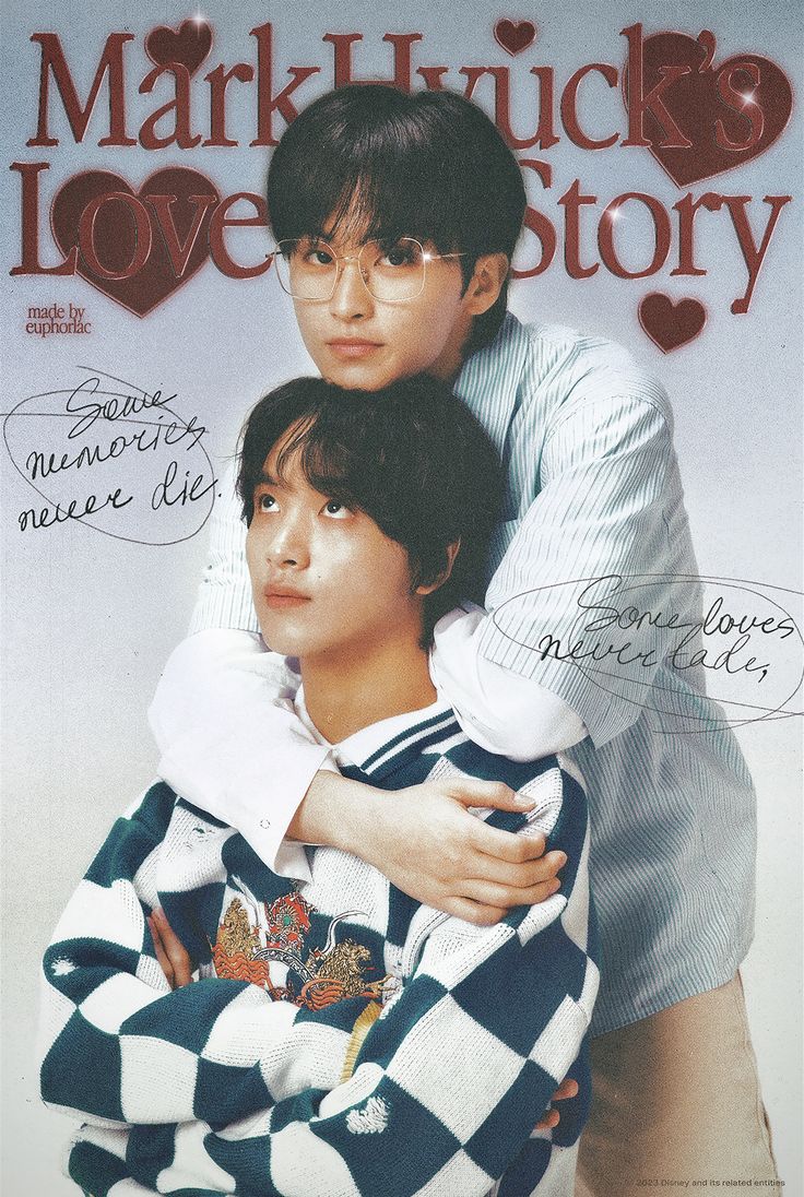 two young men hugging each other in front of a magazine cover with the title mark knuck's love story