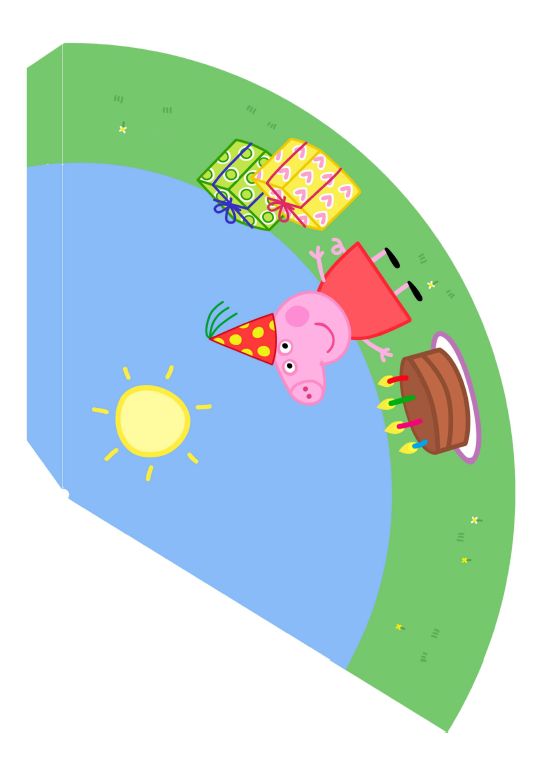 an image of a cartoon pig with a birthday cake on it's head flying through the air