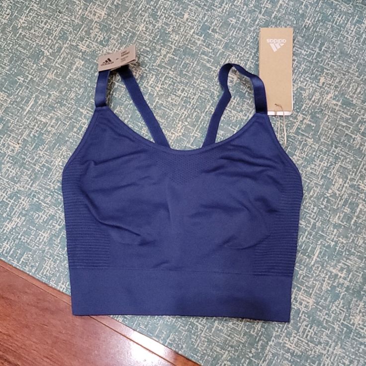 Nwt Size Xs Adidas Sports Bra. It Is Low Support. Color Is Dark Blue. No Pads/Cups. Blue Compression Sports Bra With Built-in Bra, Blue Sports Bra With Medium Bust Support, Adidas Stretch Breathable Activewear, Adidas Breathable Activewear For Gym, Blue Racerback Sports Bra With Medium Bust Support, Blue Seamless Sports Bra For Athleisure, Blue Sporty Sports Bra With Built-in Bra, Blue Seamless Activewear For Sports, Adidas Go-dry Activewear For Gym