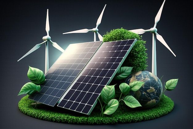 solar panel and wind turbines on green grass with earth in the foreground, 3d illustration