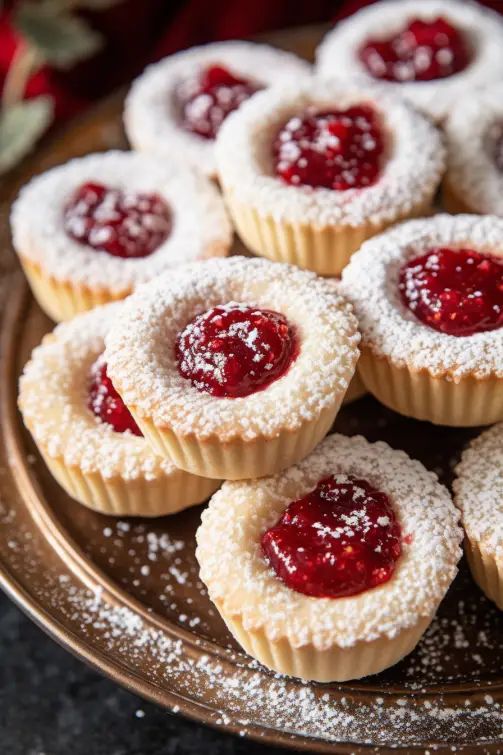 small pastries with powdered sugar and jelly toppings on a brown platter