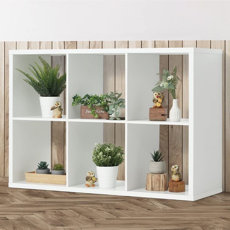 a white shelf filled with potted plants on top of wooden floors