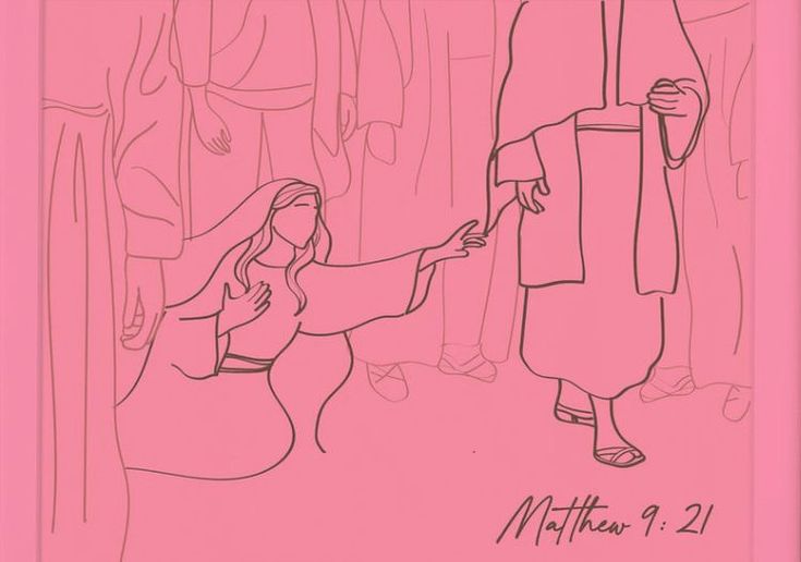 a drawing of a woman holding the hand of a man in front of a pink background