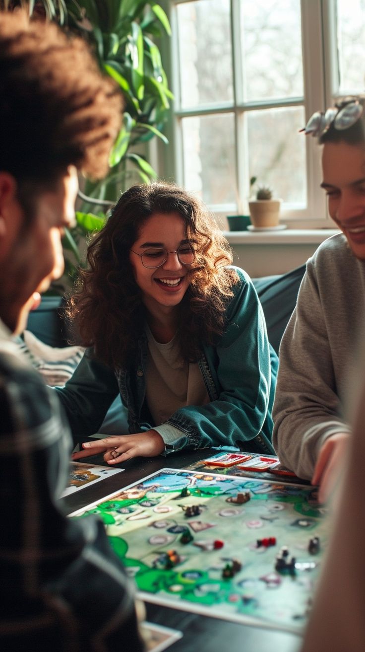 three people sitting at a table playing a board game