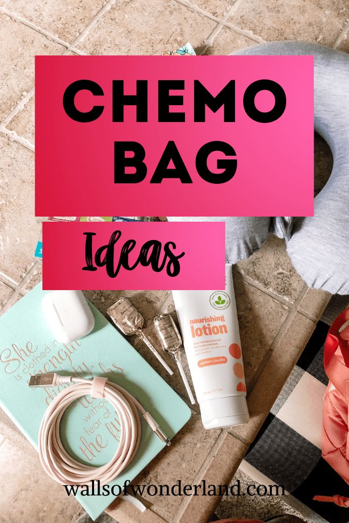 a pink sign that says chemo bag ideas next to other items on the floor