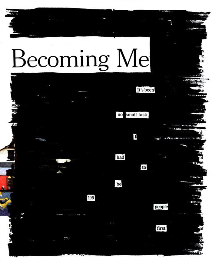 a black and white poster with the words becoming me on it's back side