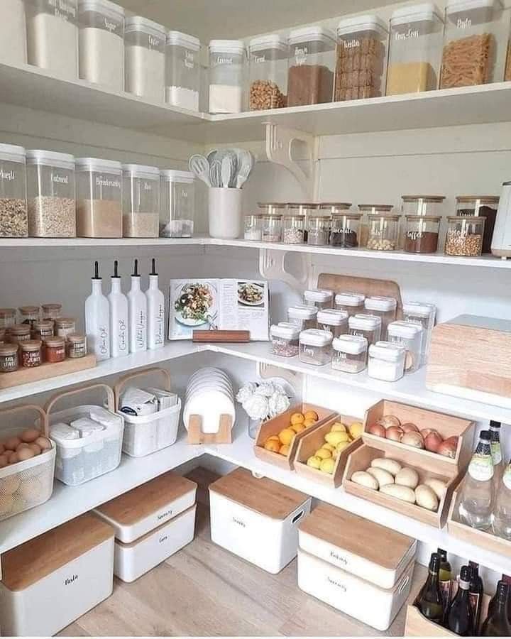 an organized pantry filled with lots of food