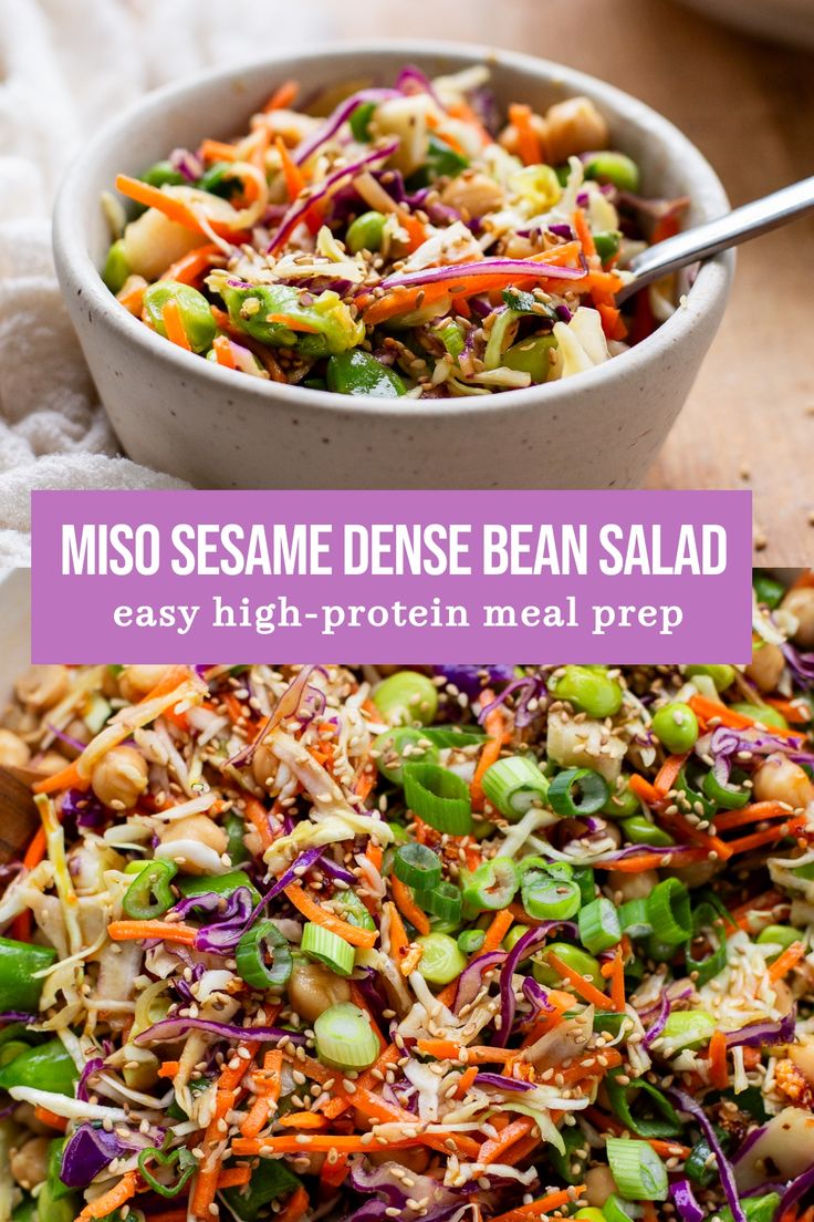 a close up of a salad in a bowl on a table with the words miso sesame dense bean salad