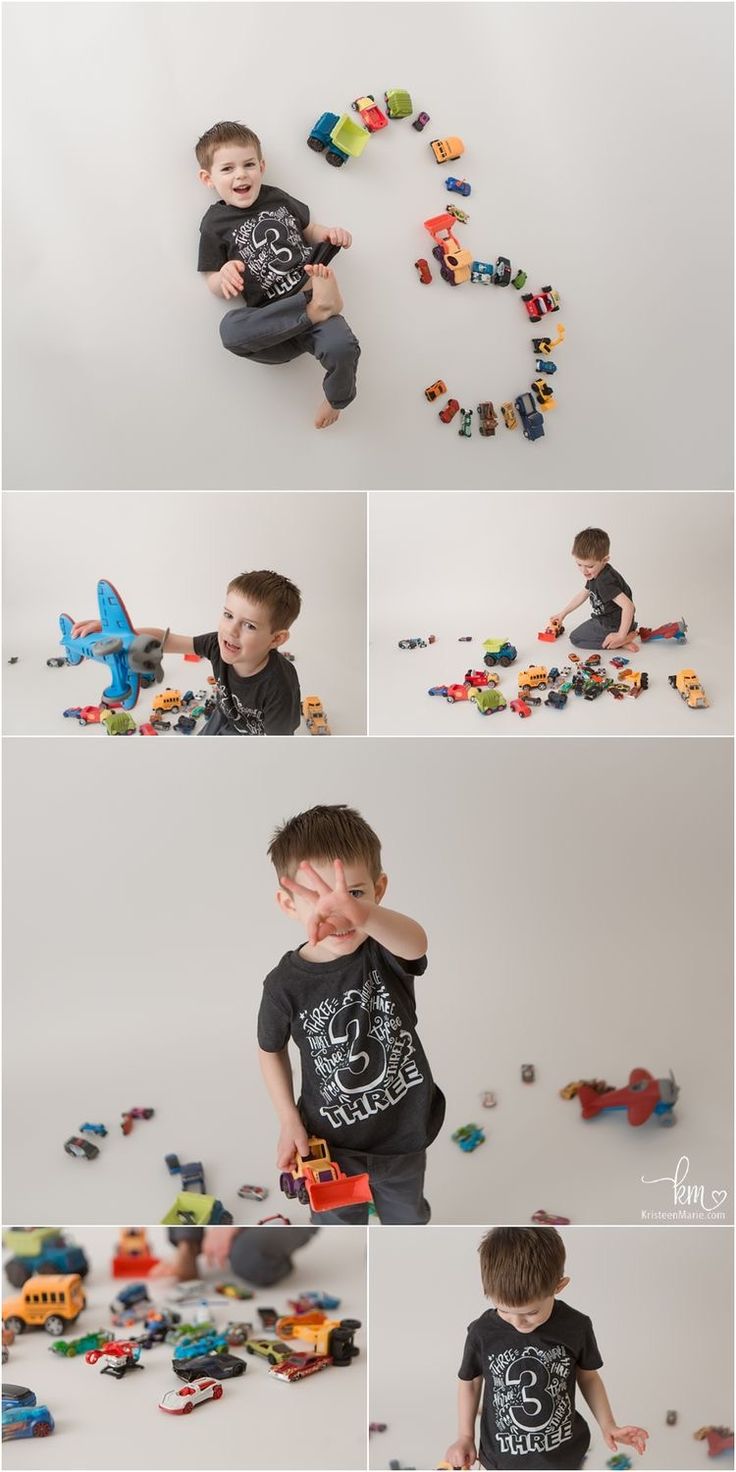 a collage of photos showing the different stages of playing with toy cars and trucks