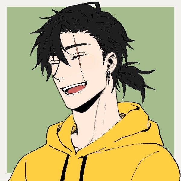 an anime character with black hair wearing a yellow hoodie and smiling at the camera