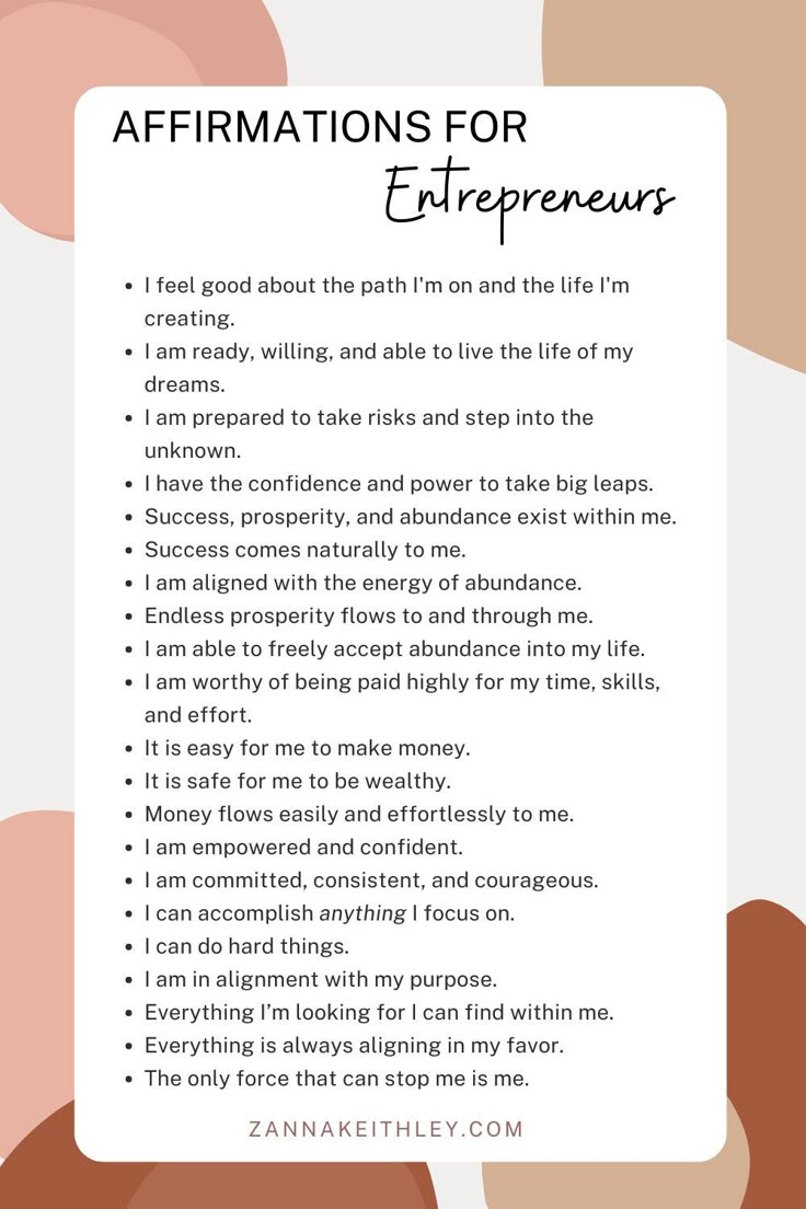 the affirmations for an entrepreewr poem on a pink and white background