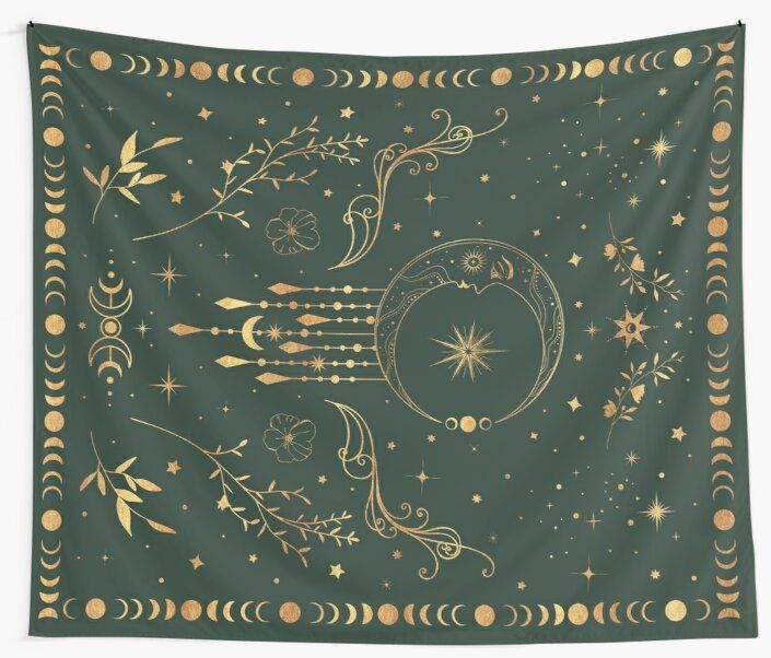 a green and gold wall hanging tapestry with stars, moon, and swirls on it